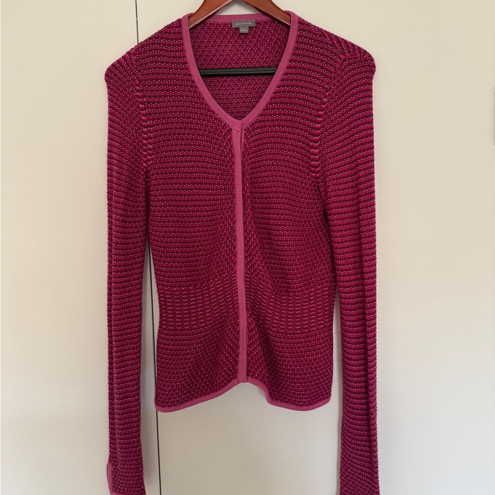 Ann Taylor M Angora Mohair Cashmere Blend Cardigan Sweater V-Neck Pink Fuchsia